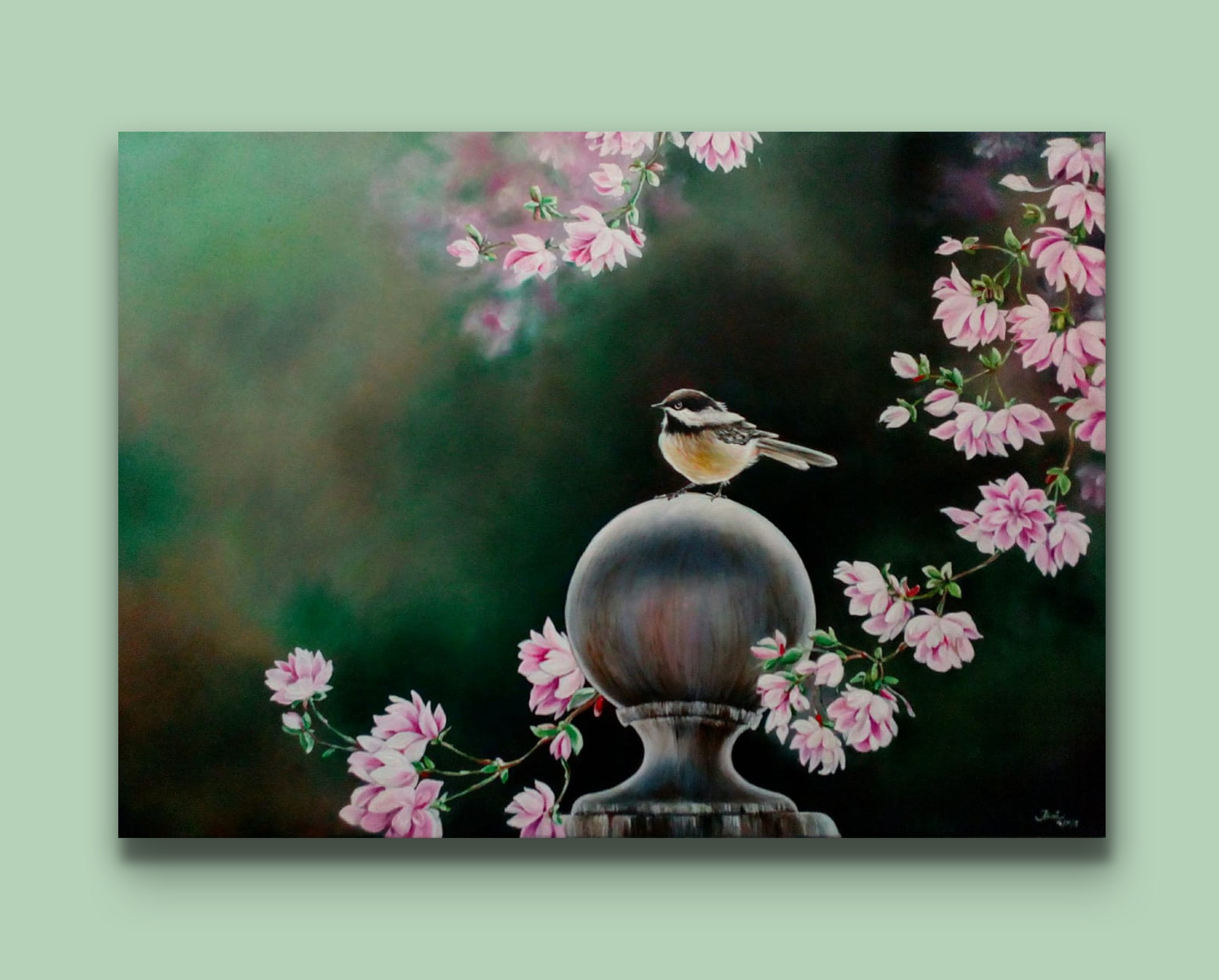 Chickadee among Morning blossoms by Tiruni Karunarathne