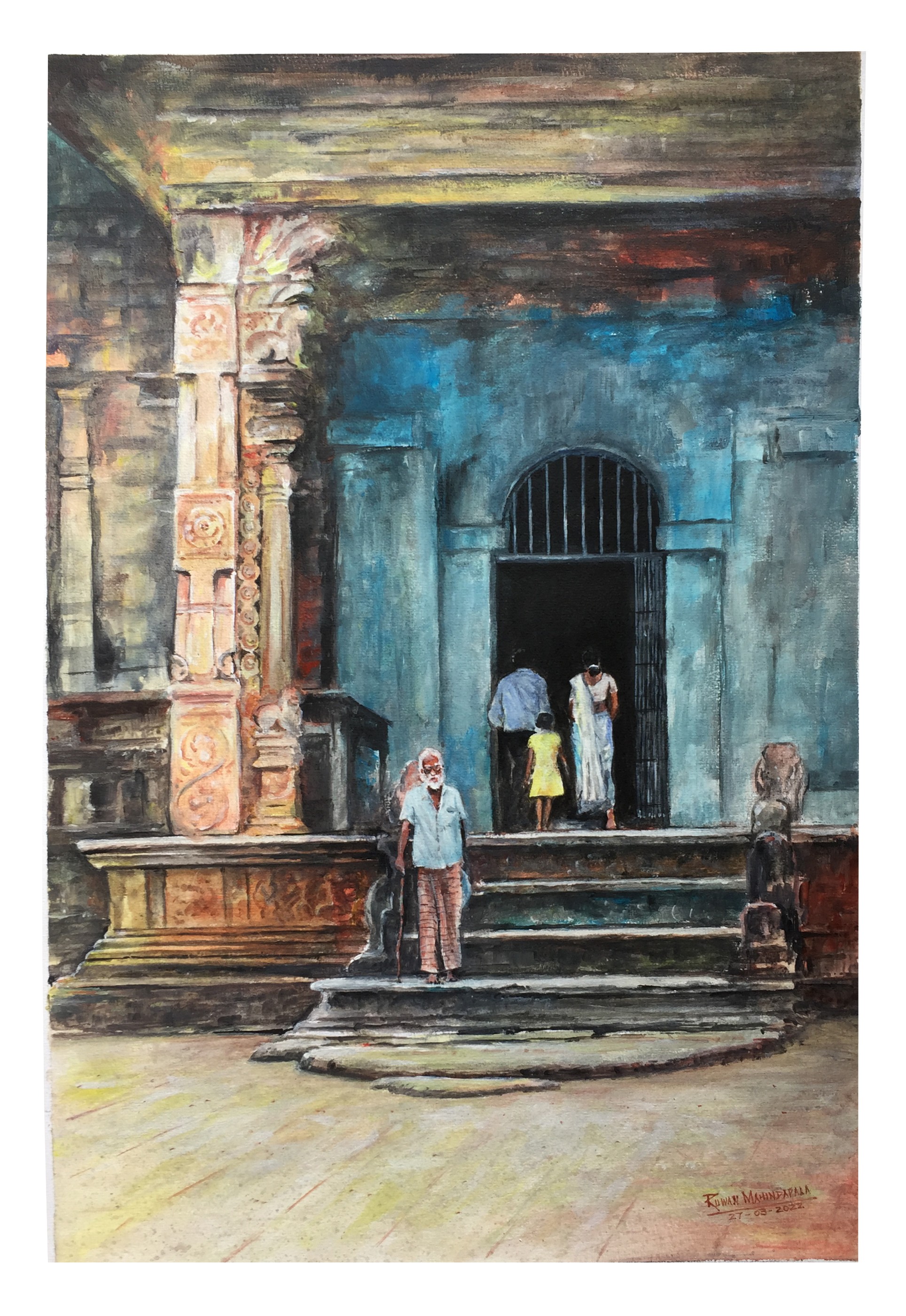 Old man on temple steps by RUWAN MAHINDAPALA