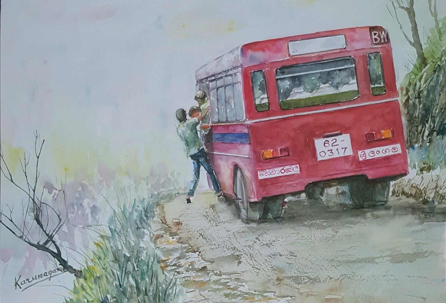 Bus at bend by Sarath Karunagama