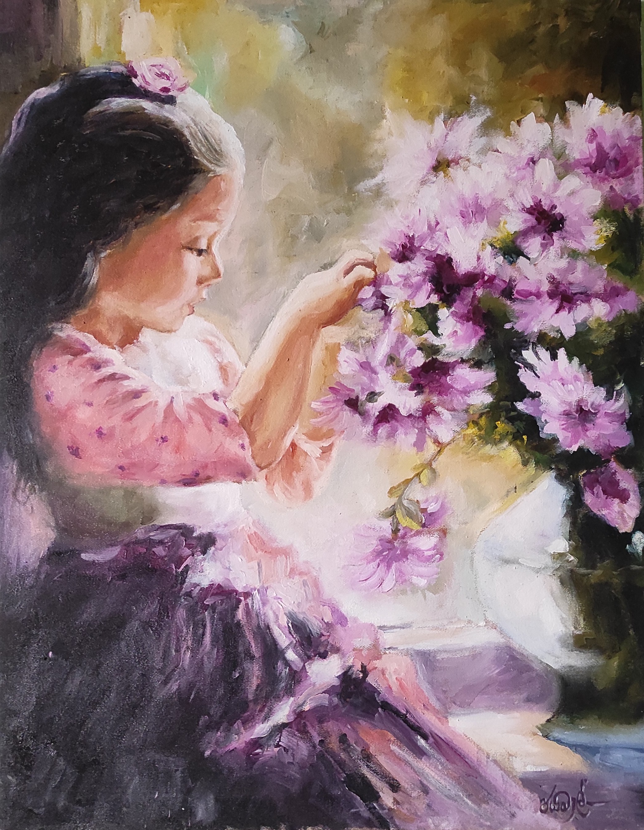 Purple flowers with girl by Jayamal Perera