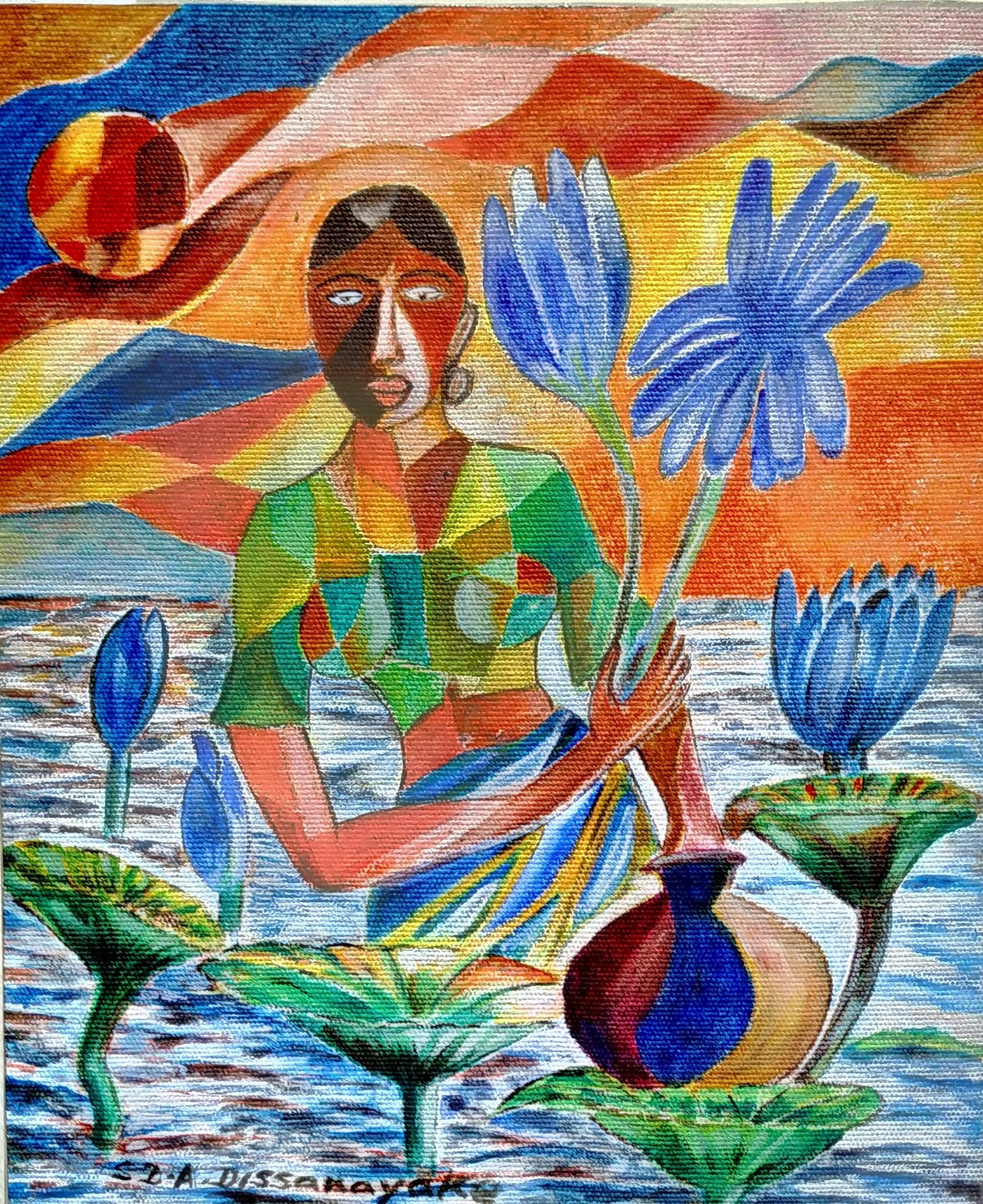 Woman with blue lotus by Amaradewa Dissanayake