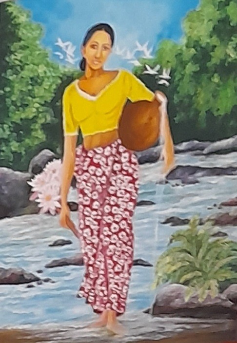 Woman with a water pot by Mangala Madanayake