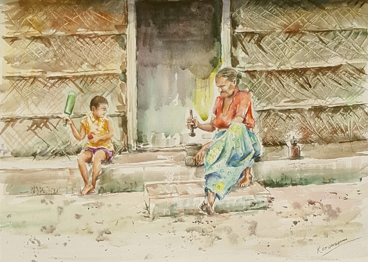 Child with grandma by Sarath Karunagama