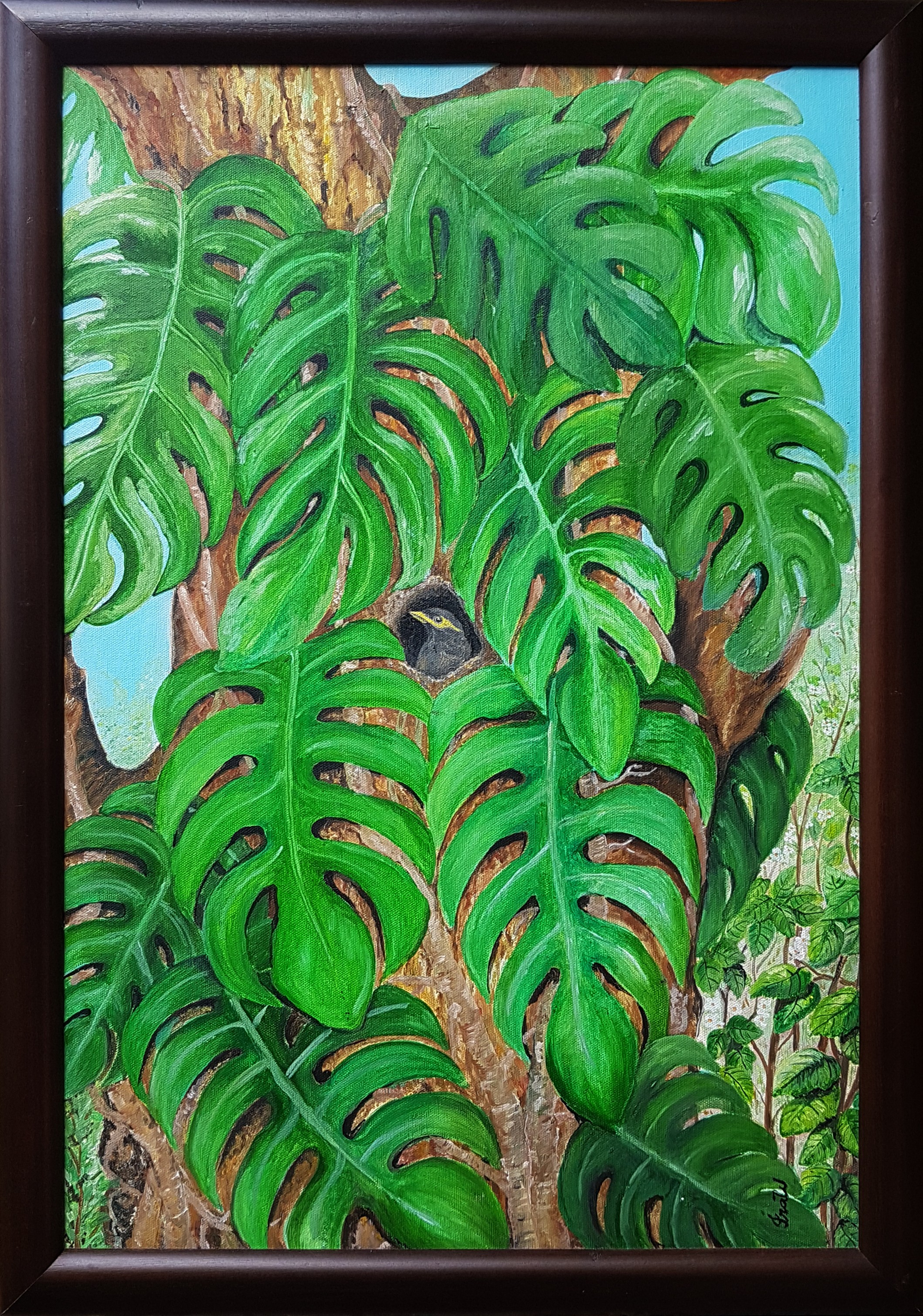 Mynah & the Monstera Leaves by Iranganie Wickramasinghe