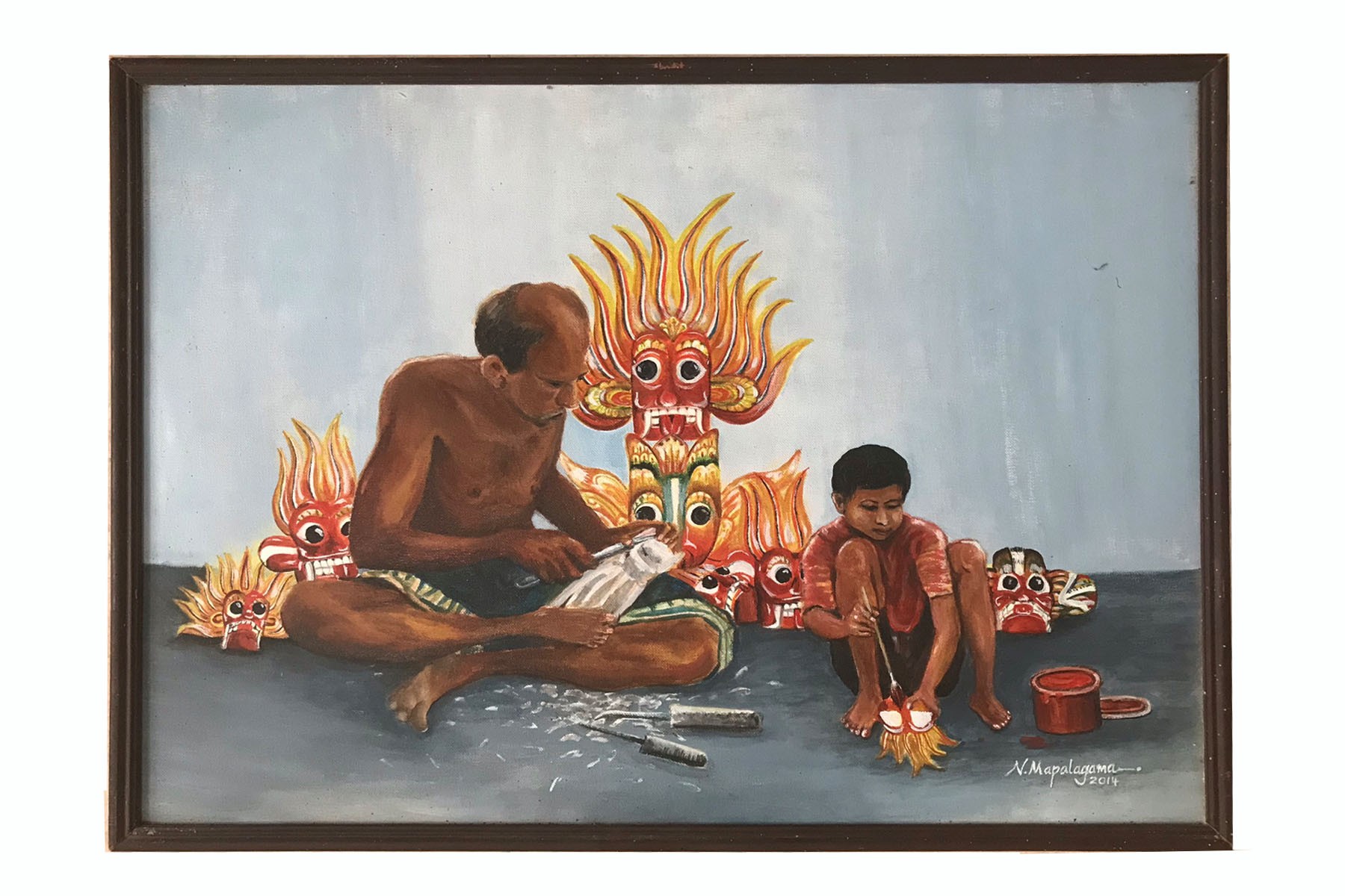 A Man Carving Masks (Canvas) by H Mapalagama