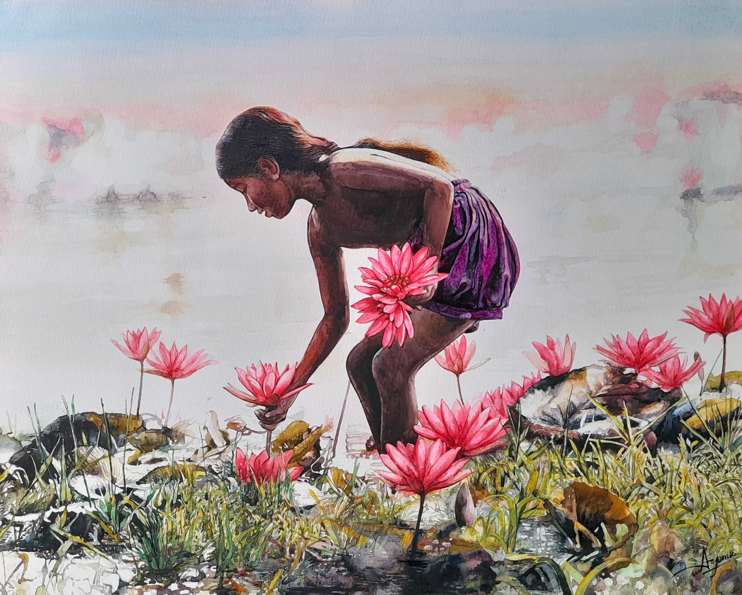 Girl with flowers. by Ayoma Wijerathne