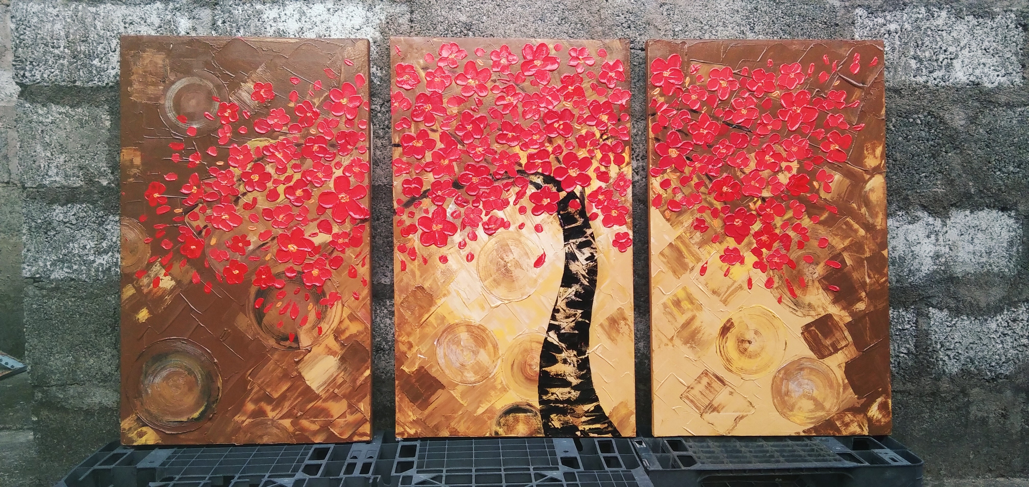 Lucky tree on three canvas brown by Kasuni Rathnayaka