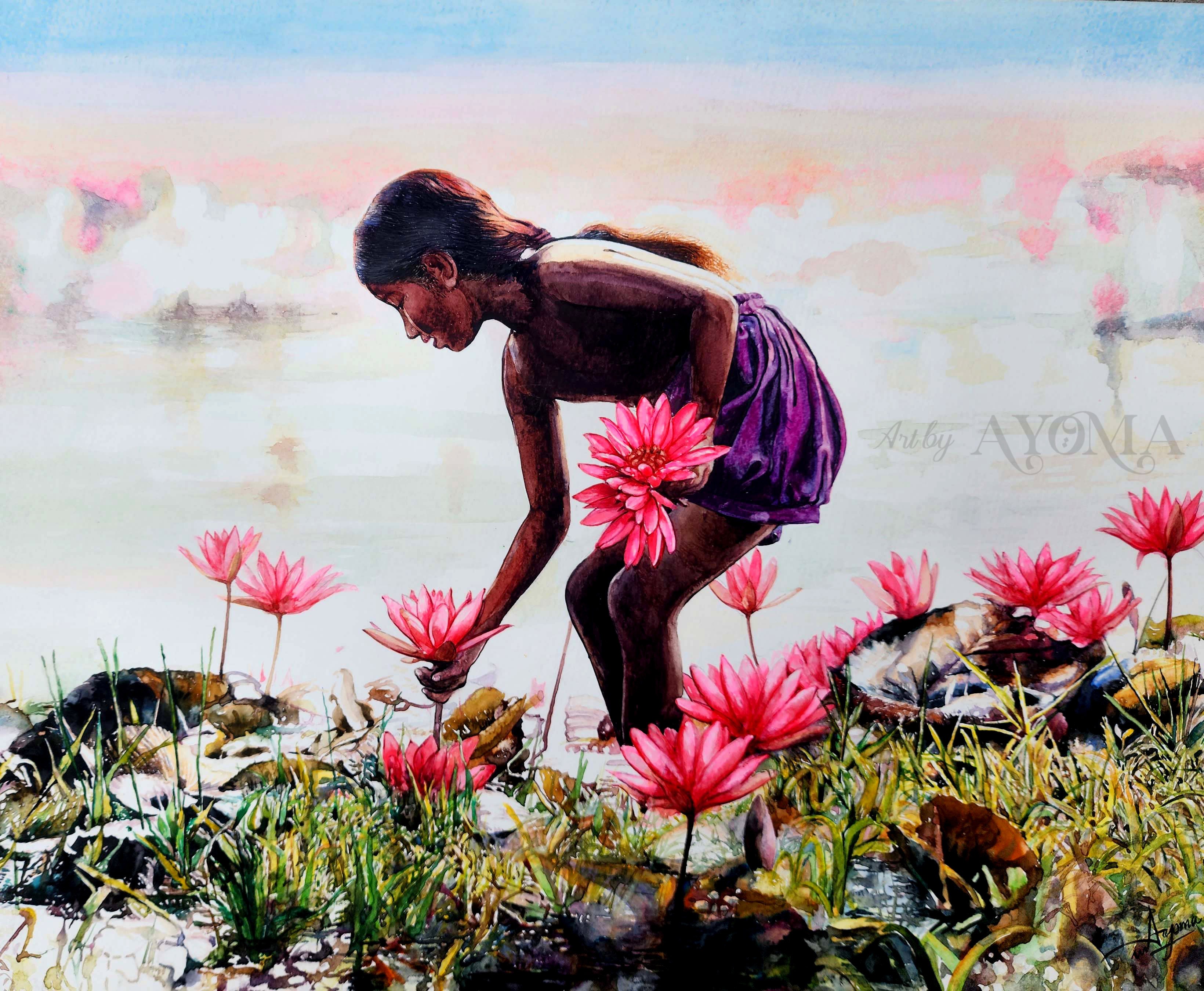 Girl with flowers. by Ayoma Wijerathne