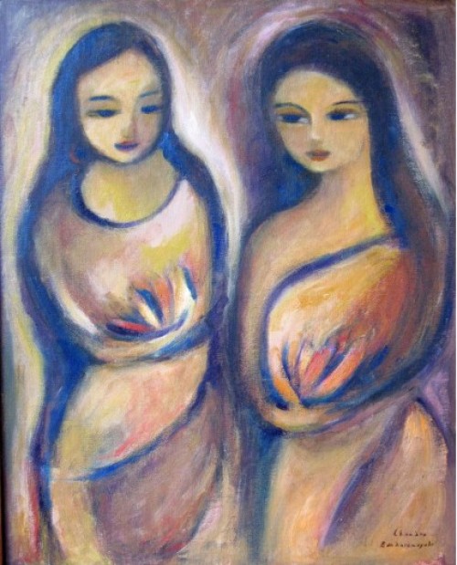 Two women with holding flowers
