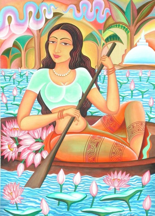 Woman picking flowers frm boat17