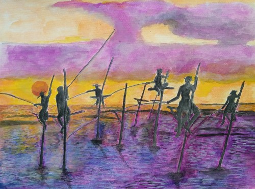 Stilt Fishermen On A Sunset